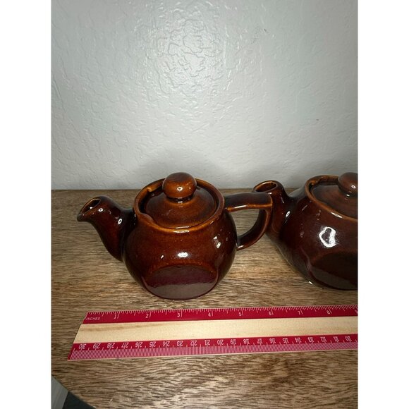 Vintage 1950s Brown Drip Glaze Personal Tea Pots With Lids - Set Of 2 - Made In - Picture 3 of 15